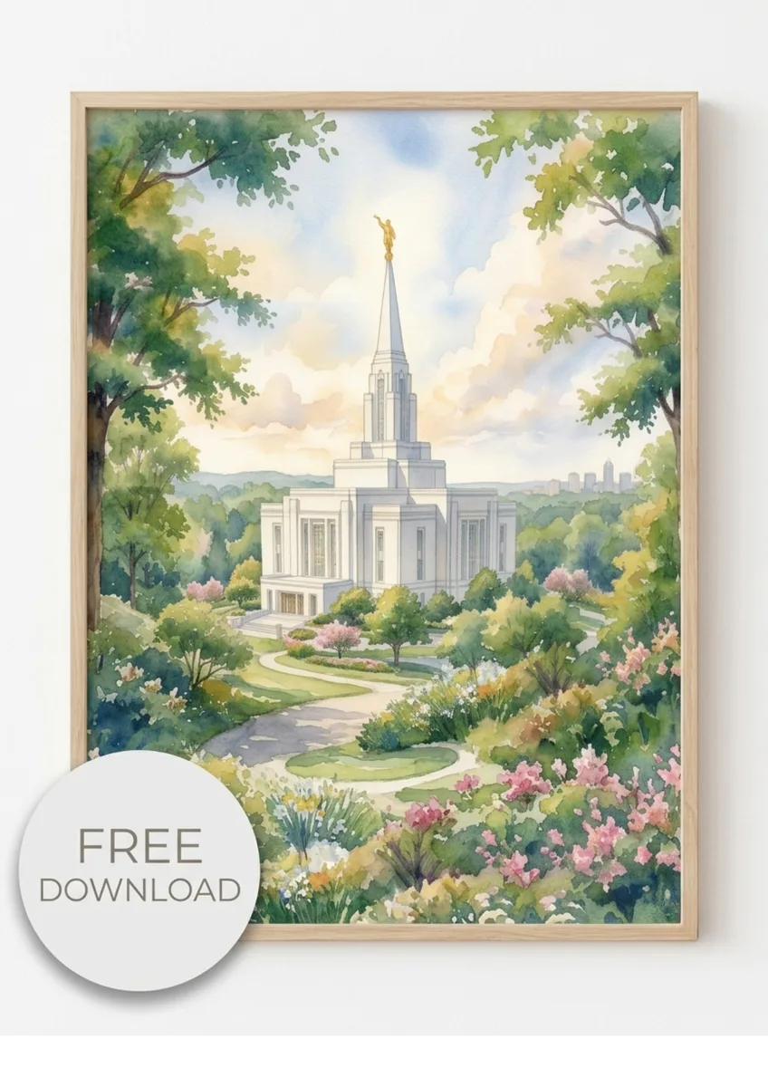 Atlanta Georgia Temple printable — watercolor painting of the temple framed by garden pathways and spring blossoms